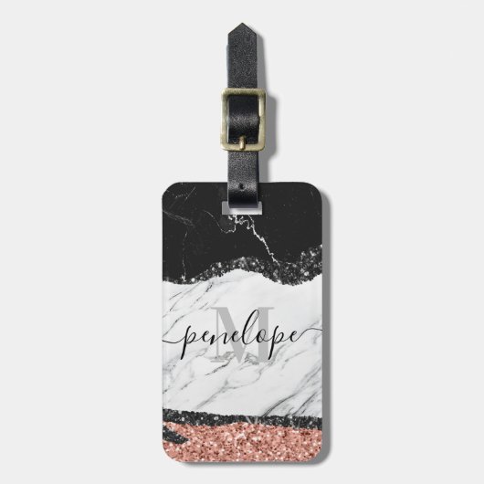 Zwart wit marmer en glitter bagagelabel (Voorkant verticaal)