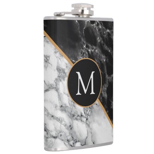 Zwart Wit Marmer Gepersonaliseerde Monogram Kolf Heupfles (Rechts)
