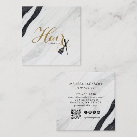 Zwart-wit marmer Gold Haar op naam QR-code Vierkante Visitekaartje (Voorkant / Achterkant)