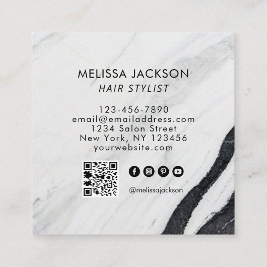 Zwart-wit marmer Gold Haar op naam QR-code Vierkante Visitekaartje (Achterkant)