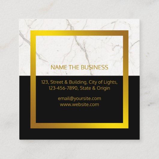 Zwart Wit Marmer Goud Faux Bouw Vierkante Visitekaartje (Achterkant)
