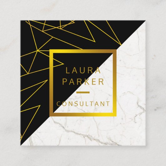 Zwart Wit Marmer Goud Faux Bouw Vierkante Visitekaartje (Voorkant)