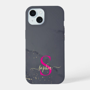 zwart & wit marmer goud glitters monogram iPhone 15 case