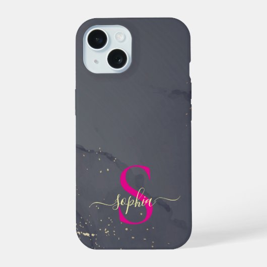zwart & wit marmer goud glitters monogram iPhone 15 case (Achterkant)