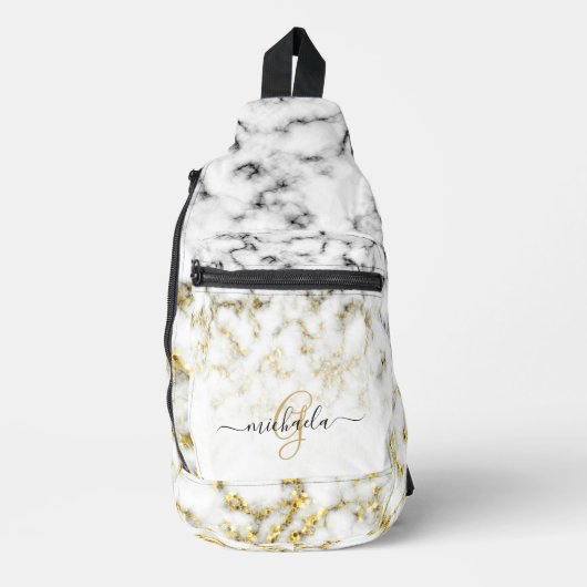 Zwart wit marmer goud sparkle bling Monogram Sling Bag (Voorkant)