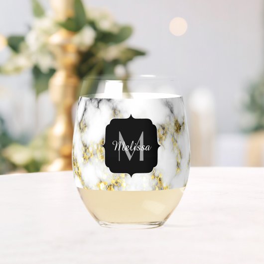 Zwart wit marmer goud sparkle Custom Monogram Wijnglas Zonder Voet (Insitu (Huwelijk))