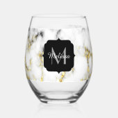 Zwart wit marmer goud sparkle Custom Monogram Wijnglas Zonder Voet (Achterkant)