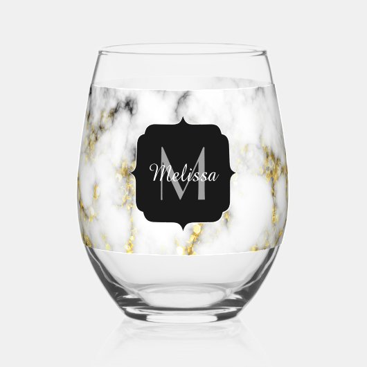 Zwart wit marmer goud sparkle Custom Monogram Wijnglas Zonder Voet (Achterkant)