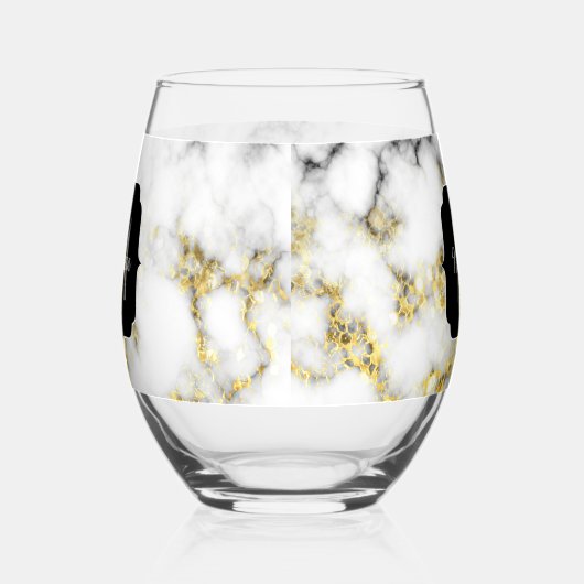Zwart wit marmer goud sparkle Custom Monogram Wijnglas Zonder Voet (Rechts)