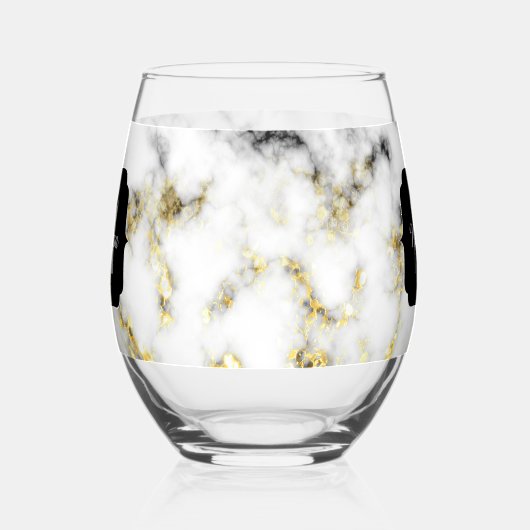 Zwart wit marmer goud sparkle Custom Monogram Wijnglas Zonder Voet (Links)