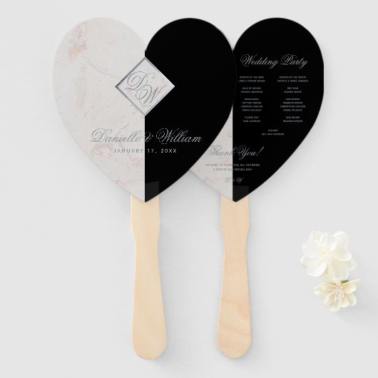 Zwart Wit Marmer Grijs Monogram Trouwprogramma Handwaaier (Voorkant en achterkant)
