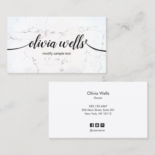 Zwart Wit Marmer Handgeschreven Script Kalligrafie Visitekaartje (Voorkant / Achterkant)