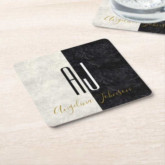 Zwart-wit marmer monogram kartonnen onderzetters (Schuin)