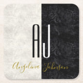 Zwart-wit marmer monogram kartonnen onderzetters (Voorkant)