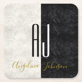 Zwart-wit marmer monogram kartonnen onderzetters