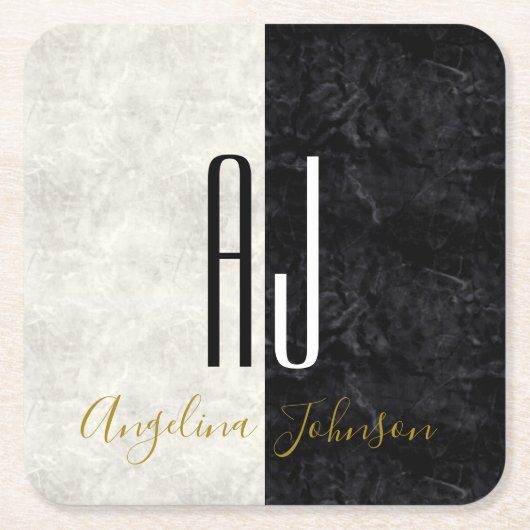 Zwart-wit marmer monogram kartonnen onderzetters (Voorkant)