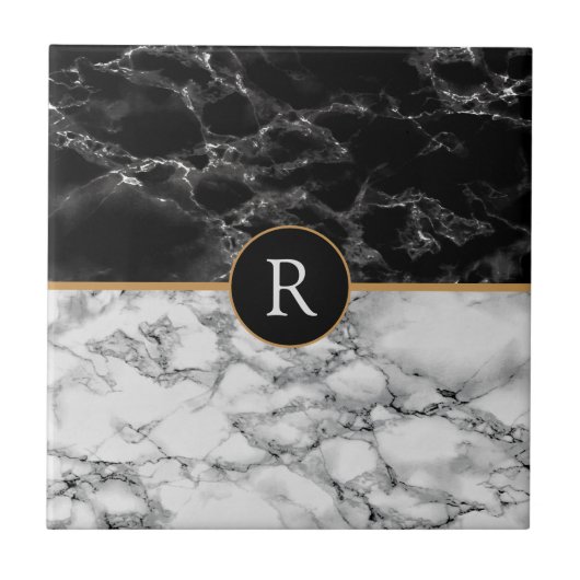 Zwart wit marmer monogram Uw brief Tegeltje (Voorkant)