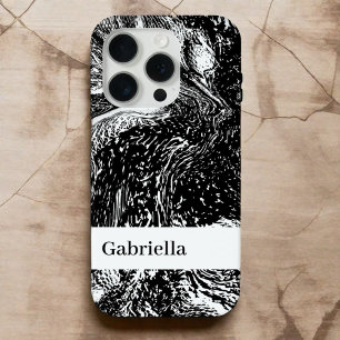 Zwart wit marmer naam monogram lijn kunst modern iPhone 15 pro case