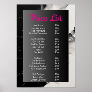 Zwart-wit marmer Nagelsalon Prijs Menu Menu Poster
