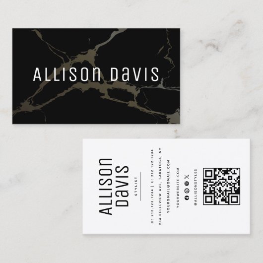 Zwart-wit marmer QR-code Visitekaartje (Voorkant / Achterkant)