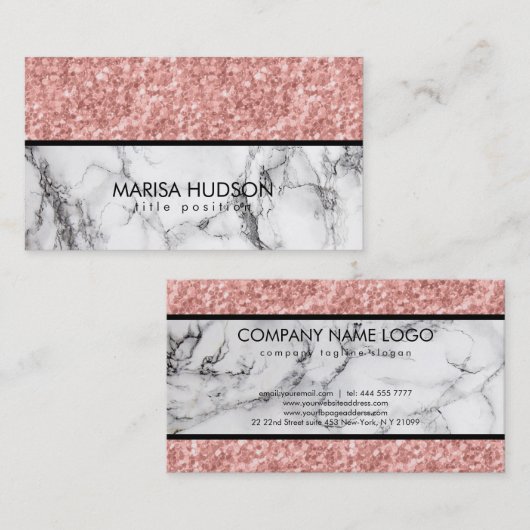 Zwart Wit Marmer Roze Rose Glitter Visitekaartje (Voorkant / Achterkant)