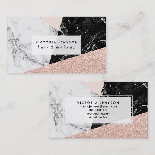 Zwart wit marmer roze roze roze roodbruin glitter visitekaartje (Voorkant / Achterkant)