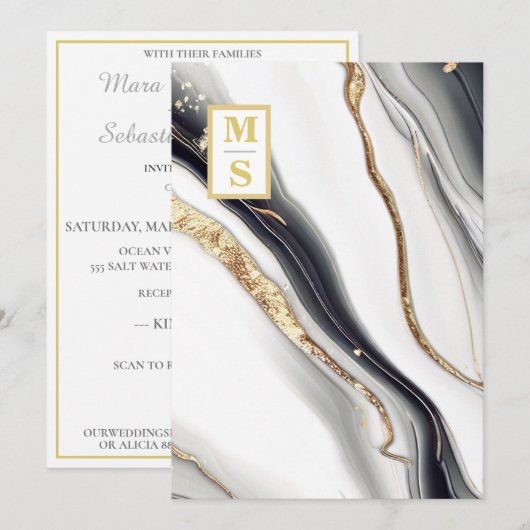 *~ ZWART WIT Marmeren Agaat AR66 RSVP QR Bruiloft Kaart (Voorkant / Achterkant)