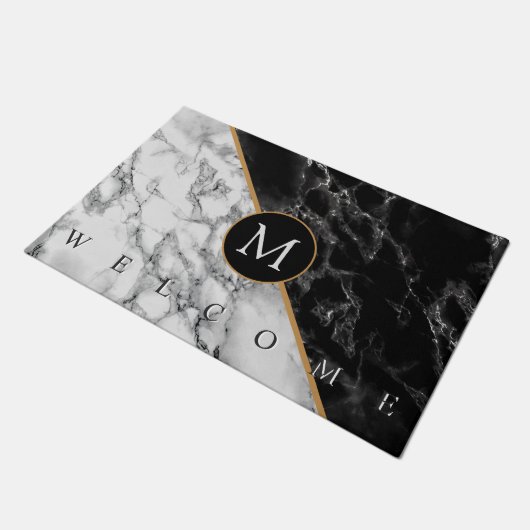 Zwart Wit Marmeren Deurmat met Custom Letter (Schuin)