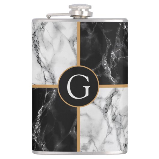 Zwart wit marmeren fles gepersonaliseerd uw brief heupfles (Voorkant)