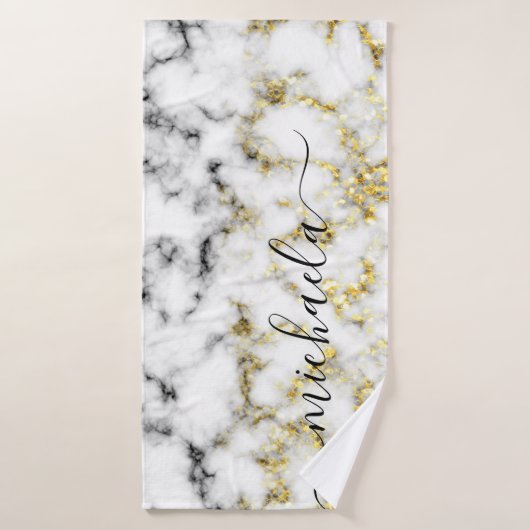 Zwart-wit marmeren gouden sprankeling Aangepaste n Badhanddoek (Badhanddoek)