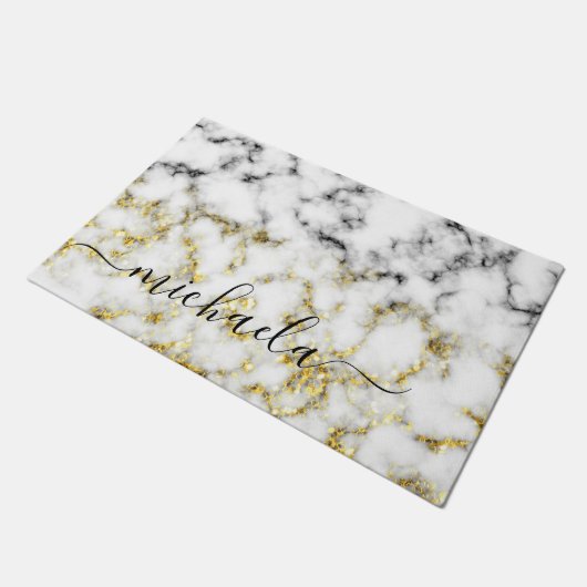 Zwart-wit marmeren gouden sprankeling Aangepaste n Deurmat (Schuin)