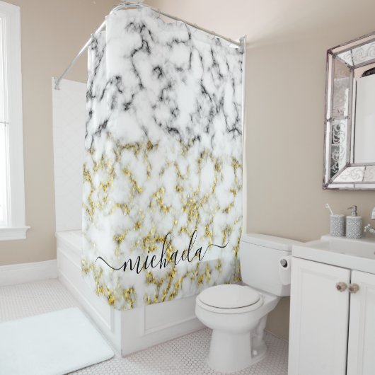 Zwart-wit marmeren gouden sprankeling Aangepaste n Douchegordijn (In situ)