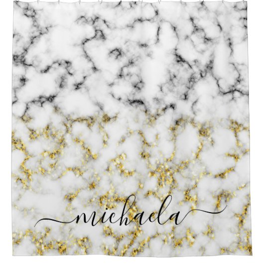 Zwart-wit marmeren gouden sprankeling Aangepaste n Douchegordijn (Voorkant)