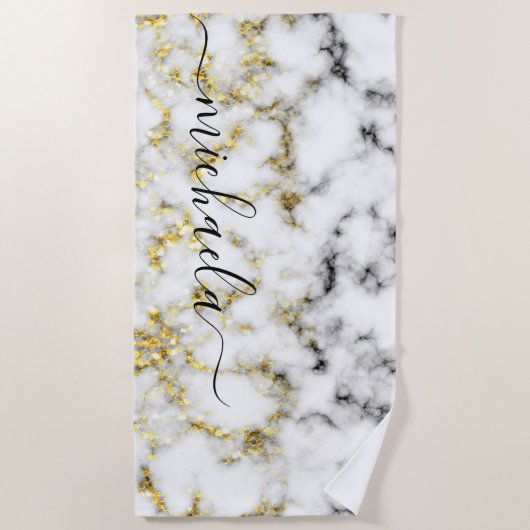 Zwart-wit marmeren gouden sprankeling Aangepaste n Strandlaken (Voorkant)