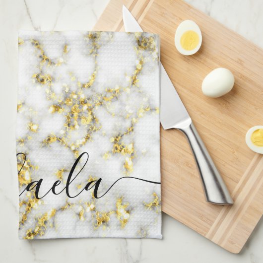 Zwart-wit marmeren gouden sprankeling Aangepaste n Theedoek (Quarter Fold)