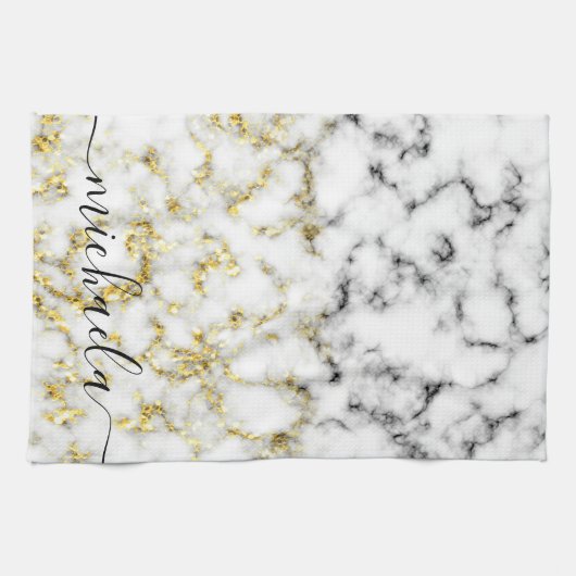 Zwart-wit marmeren gouden sprankeling Aangepaste n Theedoek (Horizontaal)