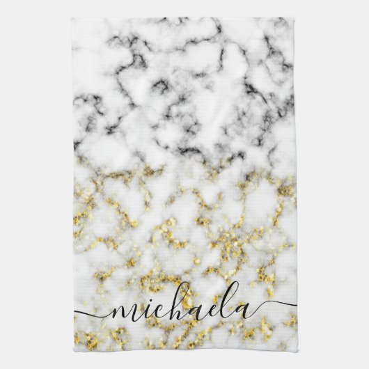 Zwart-wit marmeren gouden sprankeling Aangepaste n Theedoek (Verticaal)