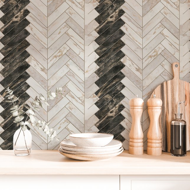 Zwart-wit marmeren herringbone chevron behang (Creator heeft geüpload)