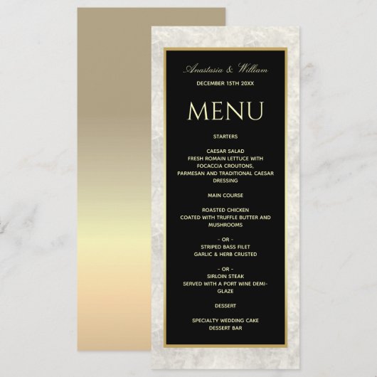 Zwart-wit marmeren huwelijksmenu menu (Voorkant / Achterkant)