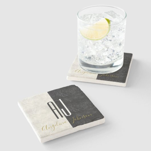 Zwart-wit marmeren Initialen Monogrammed Stenen Onderzetter (Zijkant)