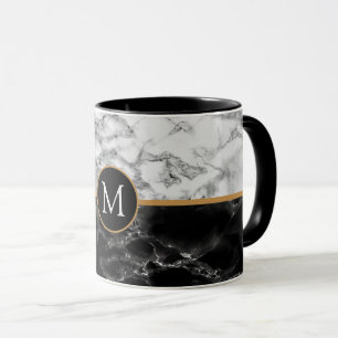 Zwart Wit Marmeren Koffie Mok met Custom Letter