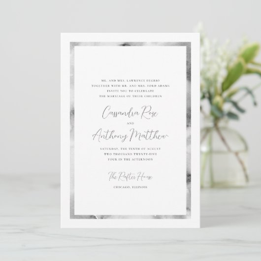 Zwart-wit Marmeren Lijst Formeel Script Bruiloft Kaart (Staand voorkant)