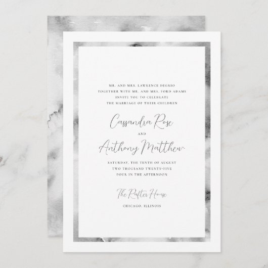 Zwart-wit Marmeren Lijst Formeel Script Bruiloft Kaart (Voorkant / Achterkant)