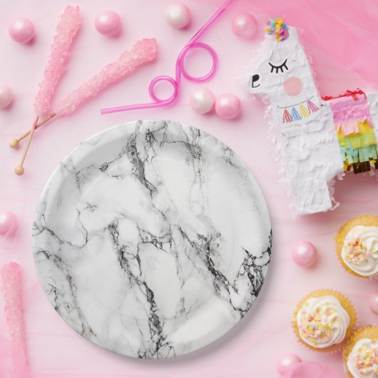 Zwart-wit marmeren look papieren bordje (Feest)