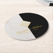 Zwart Wit Marmeren Monogram Goud Elegant Bruiloft Ronde Kartonnen Onderzetter (Gebogen)