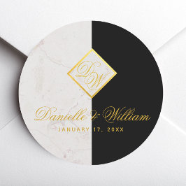 Zwart Wit Marmeren Monogram Goud Elegant Bruiloft Ronde Sticker