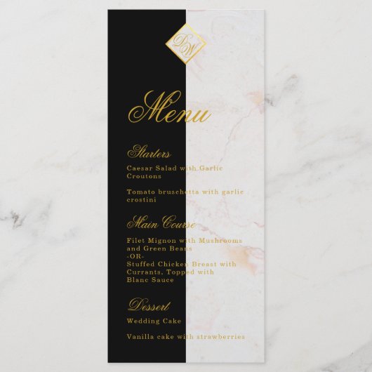 Zwart Wit Marmeren Monogram Kalligrafie Faux Gold Menu (Voorkant)