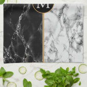 Zwart-wit marmeren monogram keukenhanddoek (Gevouwen)