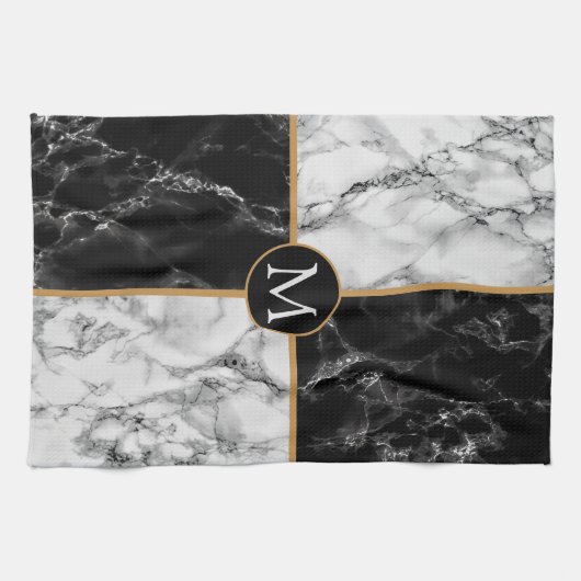Zwart-wit marmeren monogram keukenhanddoek (Horizontaal)