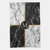 Zwart-wit marmeren monogram keukenhanddoek (Verticaal)